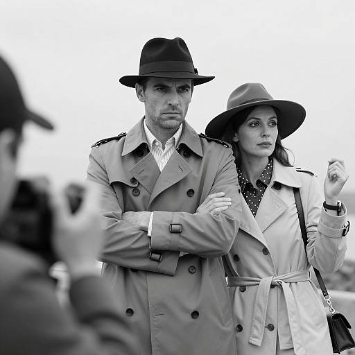 Vintage Style Couple in Trench Coats and Hats