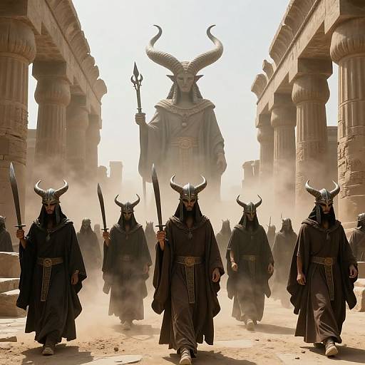 Photorealistic digital art: Dark-clad horned warriors with swords march through dusty, ancient ruins, led by a towering, horned demon holding