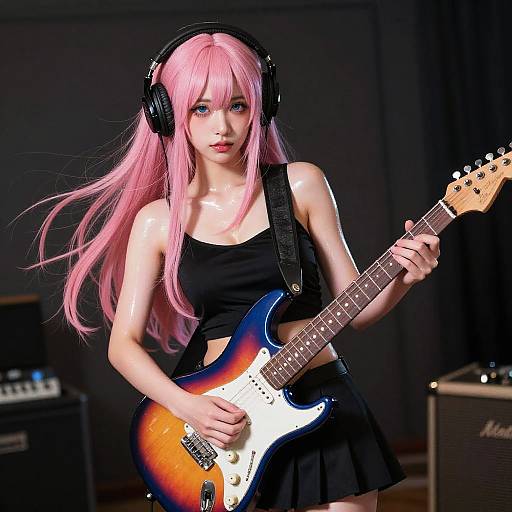 Young Woman Playing Electric Guitar with Pink Hair