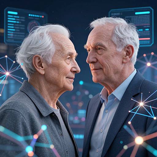 Photograph of two elderly white men with white hair, facing each other, smiling; one in a grey sweater, the other in a dark suit,