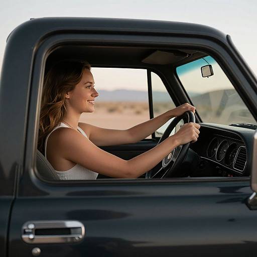 Photograph of a smiling woman with wavy brown hair, wearing a white tank top, driving a black truck with desert landscape in the background.