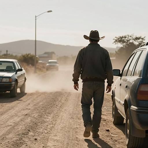 Dusty Road Cowboy Walking Away from Car