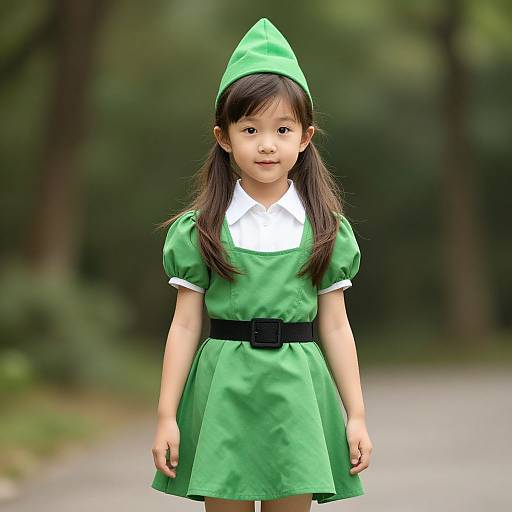 Photograph of an Asian girl with long black hair in a green elf costume with white collar, black belt, and green hat, standing on a forest