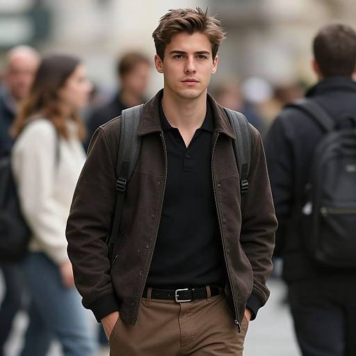 Photograph of a young, handsome man with brown hair, wearing a black shirt, brown pants, and dark jacket, standing in a busy urban street