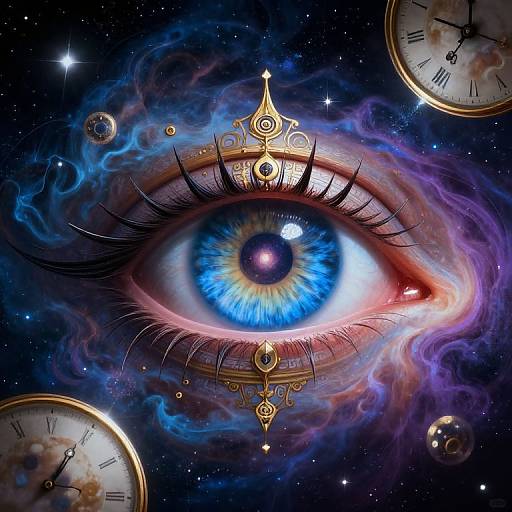 Digital artwork of a vivid blue eye with black eyelashes, surrounded by cosmic blue and purple clouds, and gold ornate clock faces in space.