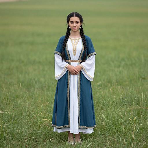 Photograph of a young woman with dark braided hair, standing in a grassy field, wearing a blue and white traditional dress with gold trim.