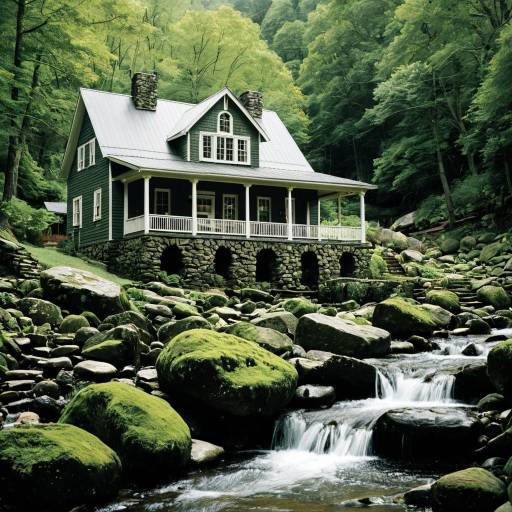 House by Creek with Mossy Rocks in Forest