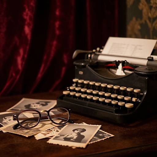 Vintage photograph of an antique black typewriter with papers and black-rimmed glasses on a wooden table, set against dark red velvet curtains. Warm,