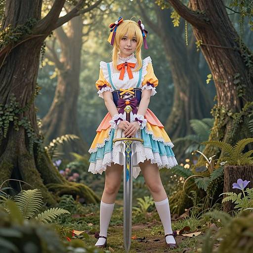 Photograph-style CGI of a blonde girl in an Alice in Wonderland-inspired dress, standing in a forest, holding a sword with white knee-high socks and