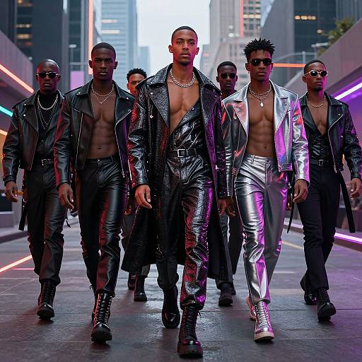 Photograph of six muscular Black men walking down a neon-lit city street, wearing black and silver leather jackets, open shirts, and matching pants,