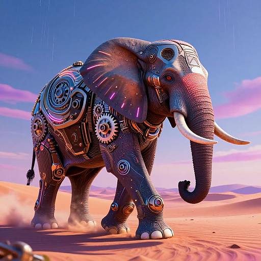 Digital artwork of a futuristic, cybernetic elephant with glowing gears and patterns, walking in a vibrant, orange desert under a blue sky.
