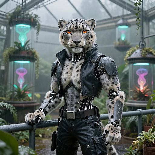 Cybernetic Snow Leopard in Cyberpunk Greenhouse