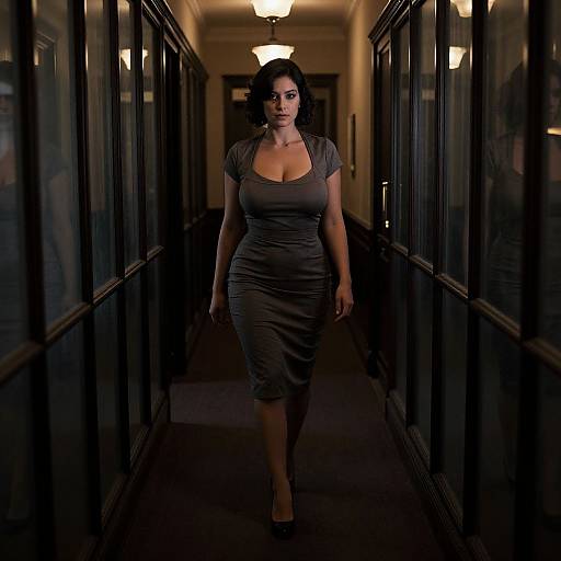 Photograph of a curvy woman with dark hair, wearing a form-fitting gray dress and black heels, walking down a dimly lit, narrow