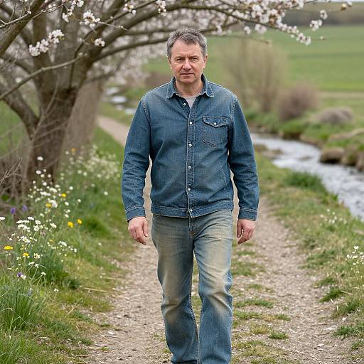 Middle-aged man with gray hair, wearing blue denim shirt and jeans, walks along a grassy path beside a blooming tree and flowing stream. Photograph
