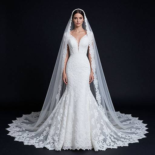 Photograph of a beautiful woman in a white lace wedding gown with a long, sheer veil, standing against a black background.
