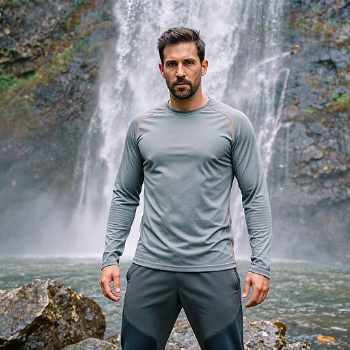 Photograph of a muscular, bearded man with short dark hair, wearing a gray long-sleeve shirt and black pants, standing in front of