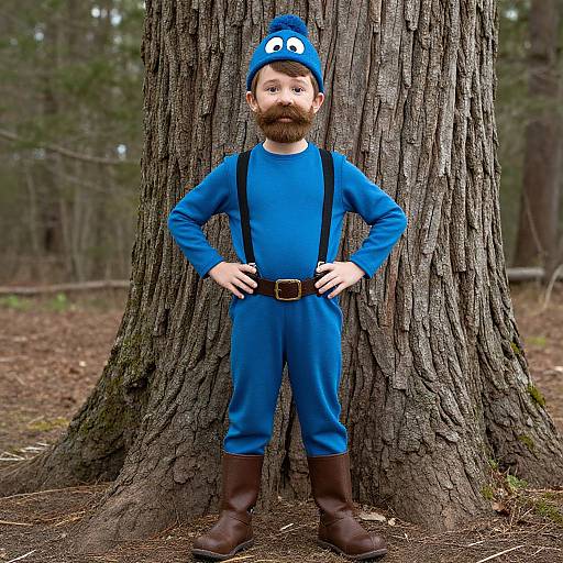 Photorealistic CGI of a bearded man in blue Mario costume, brown boots, suspenders, and cap, standing confidently against a large tree in