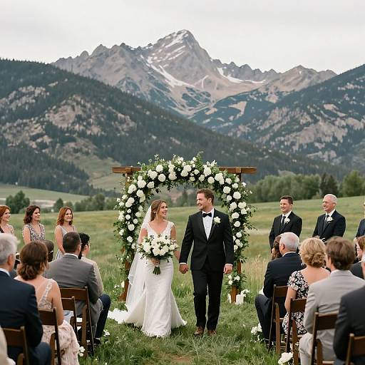 Photograph of a wedding ceremony in a mountainous meadow; bride in white gown and groom in black tux stand under floral arch, surrounded by