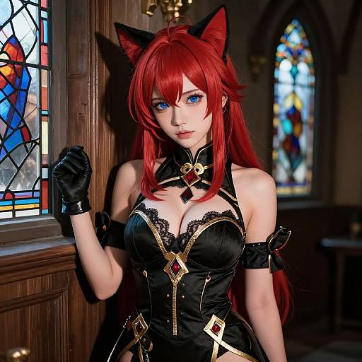 Digital anime-style artwork of a red-haired woman with cat ears, blue eyes, black lace corset, gloves, and gold accents, standing in a