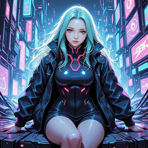 Digital art of a white-haired woman in a neon-lit cyberpunk city, wearing a black bodysuit and jacket, sitting on a futuristic street