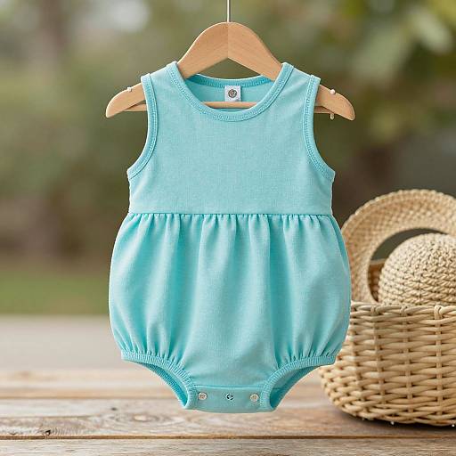 Photograph of a light blue sleeveless baby dress with a gathered skirt, hanging on a wooden hanger, next to a woven basket on a sun