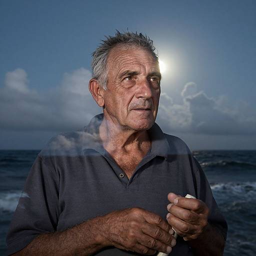 Photograph of an elderly man with gray hair and tanned skin, wearing a dark polo shirt, holding a seashell, against a sunset ocean
