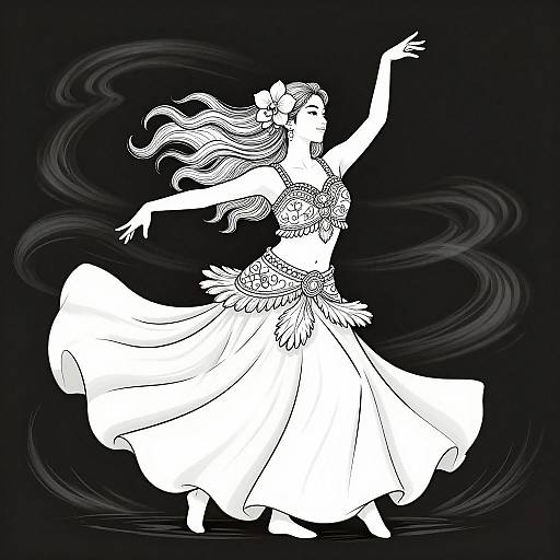 Black-and-white digital line art of a dancing woman in a flowing, floral-embellished dress, with long, flowing hair and raised arm,