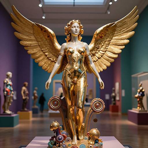 Photograph of a golden winged statue of a nude woman with curly hair, standing in an art gallery with purple walls.