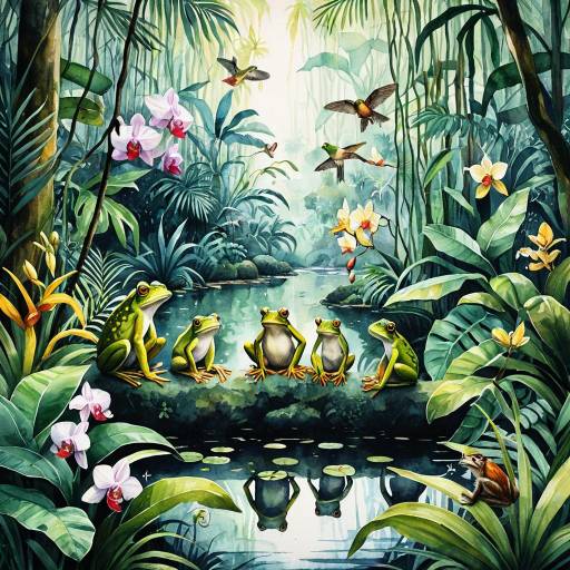 Watercolor Tropical Rainforest with Frogs and Orchids