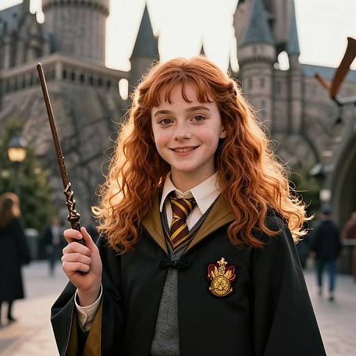 Cheerful Ginny Weasley in Hogwarts Courtyard