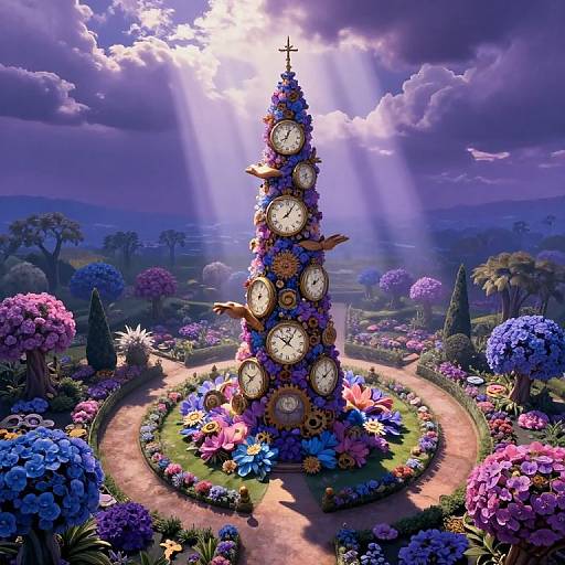 Digital artwork of a clock tower adorned with clocks, surrounded by vibrant, colorful flowers in a sunlit, cloudy garden landscape.