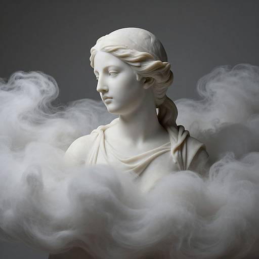 Photorealistic digital artwork of a white marble statue of a serene woman with a headband, surrounded by ethereal, swirling white smoke.
