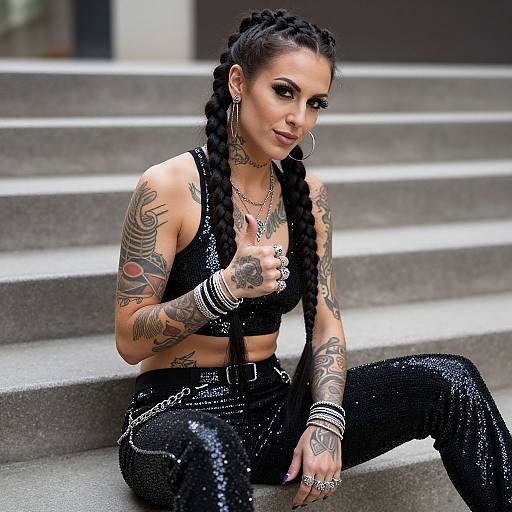 Photograph of a tattooed woman with braided black hair, wearing a black sequin crop top and pants, sitting on gray steps, giving a