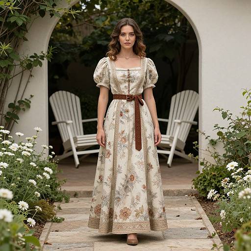Photograph of a young woman with wavy brown hair in an ornate, floral-patterned, knee-length dress, standing in a garden archway