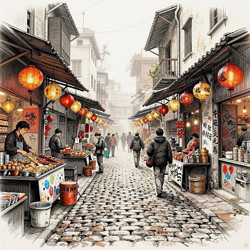 Detailed Pen & Ink Market Alleyway