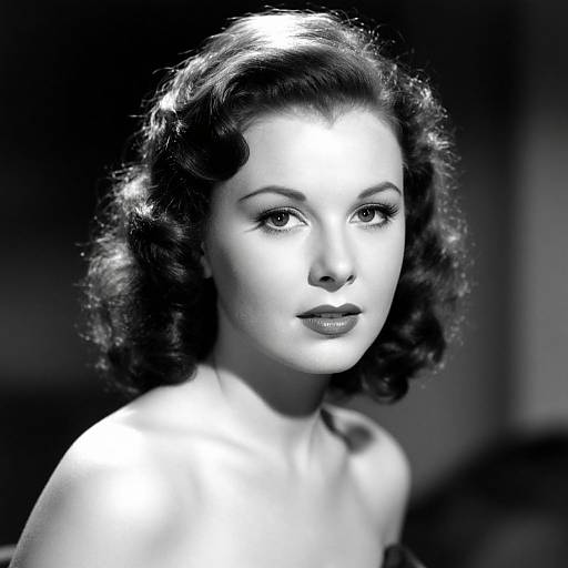 Black-and-white photograph of a 1940s-style woman with wavy, dark hair, glowing light on her face, bare shoulders, and a