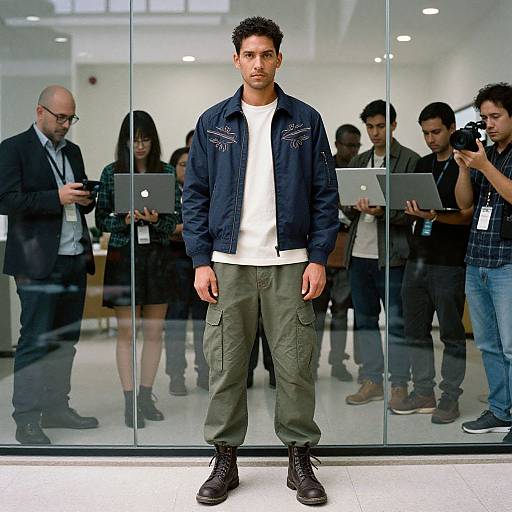 Photograph of a young man with short, curly hair, wearing a navy jacket, white t-shirt, green cargo pants, and black boots, standing