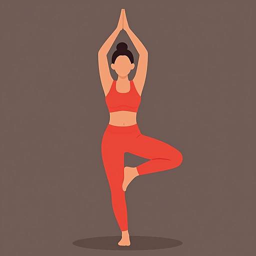 Digital illustration of a woman in red workout attire performing a yoga tree pose with arms raised, set against a solid gray background.