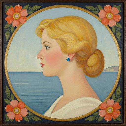 Vintage-style portrait of a blonde woman with blue earrings, red lips, and white blouse, gazing at ocean, surrounded by pink flowers.