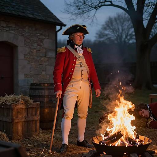 18th Century Soldier by Campfire at Dusk