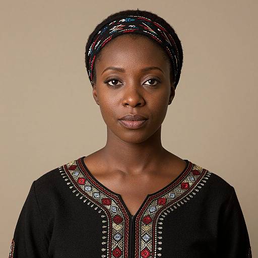 Photograph of a young African woman with dark skin, wearing a black headscarf and intricately embroidered black blouse, standing against a plain beige background