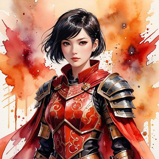 Young Female Warrior in Red Armor Watercolor