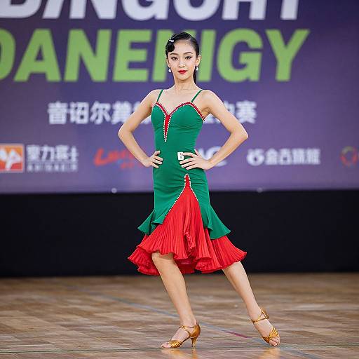 Photograph of an Asian female ballroom dancer in a green dress with red ruffles, gold heels, and black hair, posing confidently on stage with