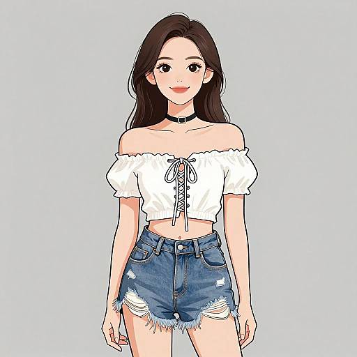 Digital anime-style illustration of a young Asian woman with long black hair, wearing a white off-shoulder crop top and frayed denim shorts, against