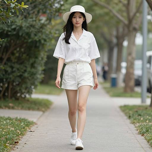 Photograph of an Asian woman with long black hair, wearing a white hat, shirt, shorts, and sneakers, walking down a tree-lined sidewalk.