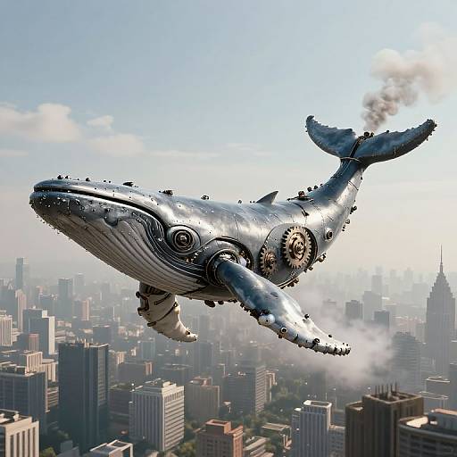 Mechanical Whale Soaring Over Metropolis