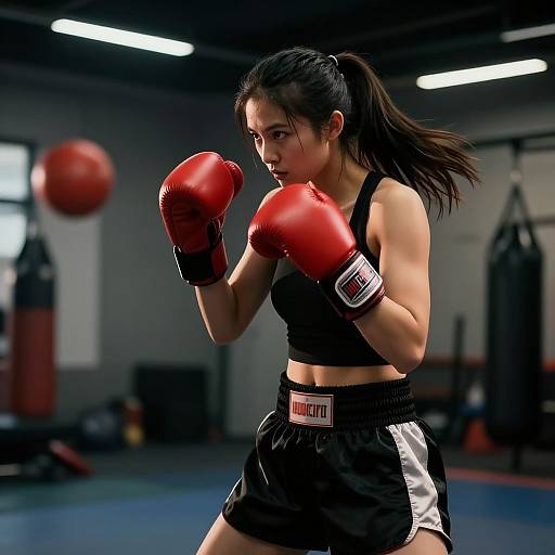 Photograph of an Asian woman with dark hair in a ponytail, wearing red boxing gloves, black sports bra, and shorts, boxing in a dim