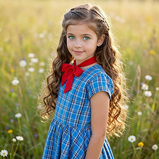 Young Girl in Blue Plaid Dress with Red Bow