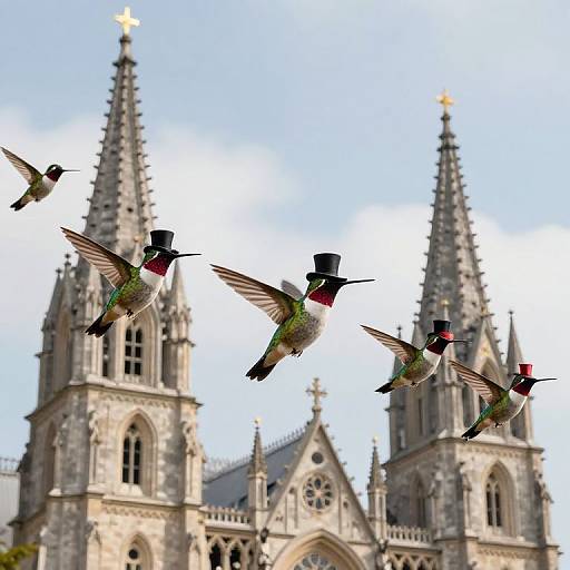 Photograph of five colorful hummingbirds with iridescent green, red, and black feathers flying in front of a Gothic-style cathedral with two tall,