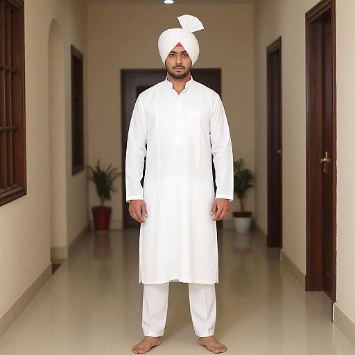 Photograph of a bearded South Asian man in white traditional attire, white turban, standing in a bright, narrow hallway with potted plants and